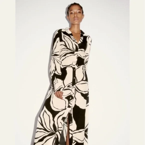 ZARA BLOGGER FAVORITE FLORAL PRINT SHIRT DRESS ECRU / BLACK 2298/085